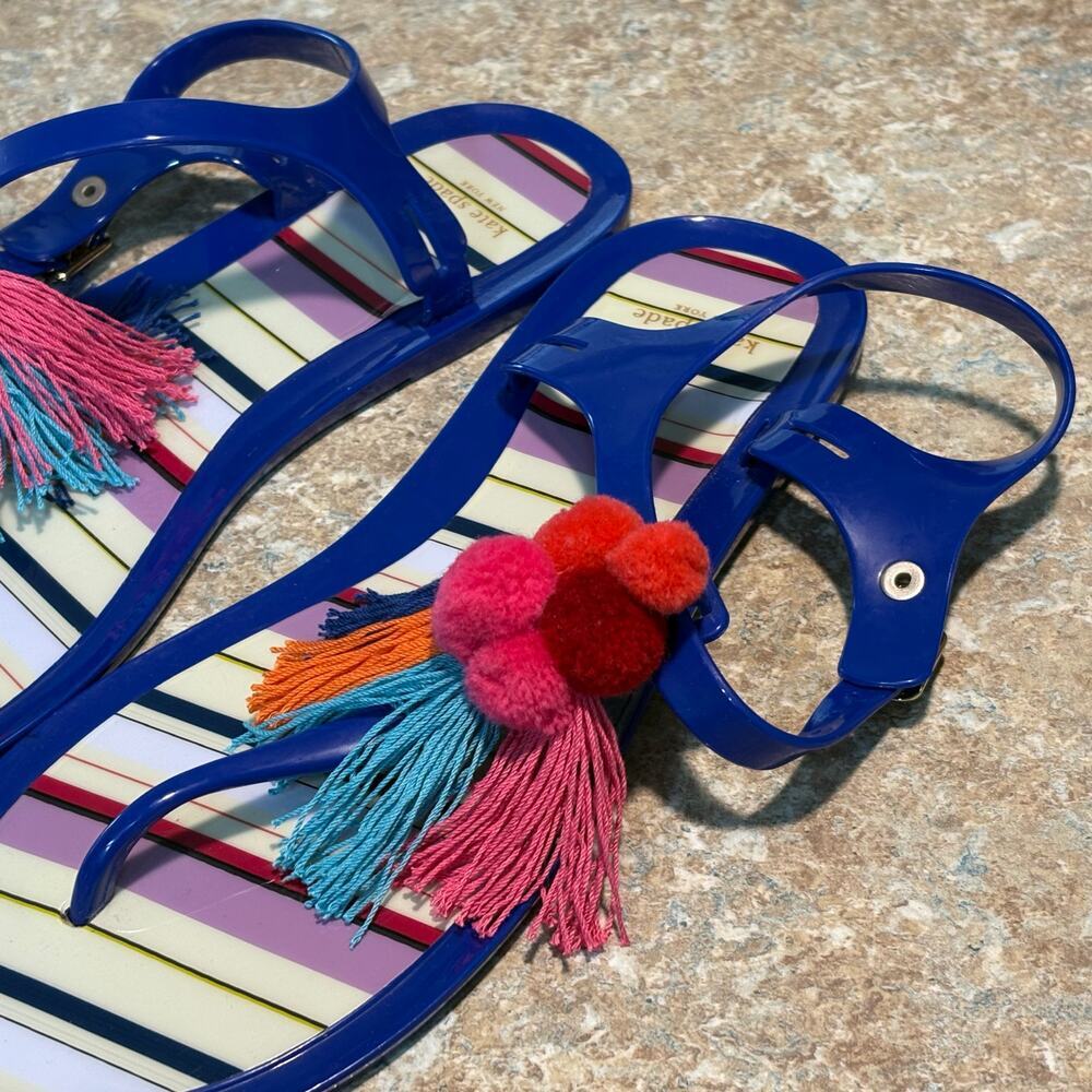 Kate Spade Yellowstone Jelly Pom Pom Tassel Colorful Bright Fun Flats Sandals 10 - Picture 4 of 12